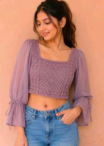Cropped Lace Top with Bell Sleeves