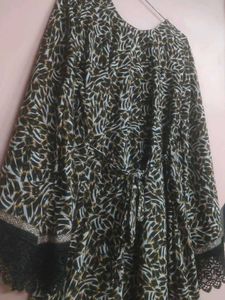 Leopard Printed Kurta with Lace Cuffs