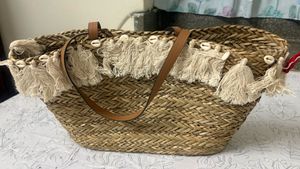 Woven Straw Tote Bag with Tassels