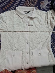 White Lace Button-Up Top ,shrug