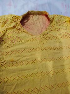 Yellow Chikankari Kurta with Pink Sleeves