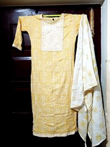 Yellow Printed Kurta with Dupatta