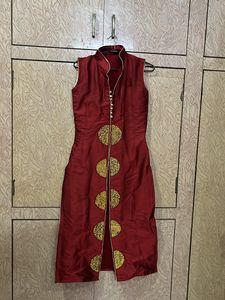 Red Mandarin Collar Dress with Gold Details