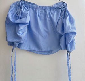 Blue Off-Shoulder Puff Sleeve Crop Top