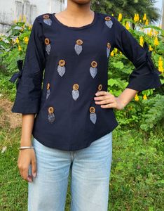 Navy Blue Embroidered Sleeve Tie Top