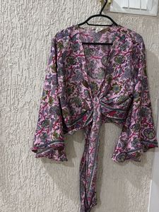 Boho Floral Print Tie-Front Blouse