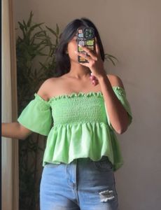 Lime Green Smocked Off-Shoulder Top