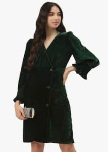Green Velvet Button-Up Dress
