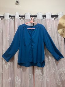 Teal Blue V-Neck Button-Up Tunic Top