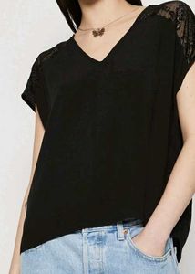 Black Lace Detail V-Neck Top