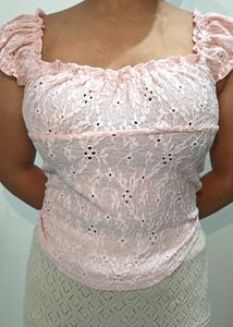 Chic Pink Eyelet Ruched Crop Top