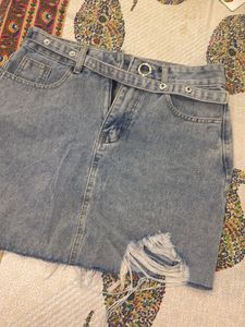 Distressed Denim Skirt with Belt