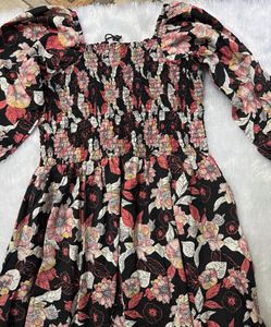 Women's Black Floral Smocked Fit &amp; Flare Maxi Dres