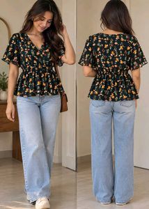 Dark Floral Print V-Neck Top