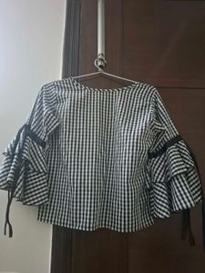 Gingham Bell Sleeve Top with Ribbon Ties