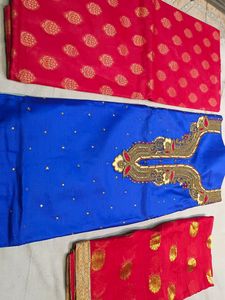 Blue Suit With Red Self Print Bottom