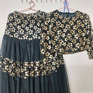 Black &amp; Gold Floral Lehenga Set