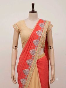 Elegant Peach and Coral Saree with Embellishments