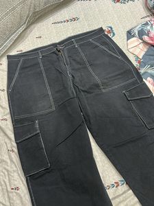 Stylish Black Cargo Pants with White Stitching