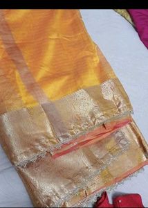 Elegant Yellow & Gold Saree With Red Tint