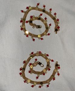 Gold Anklets with Red Beads