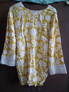 Yellow Floral Kurta with White Lace Detail