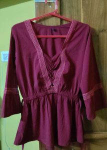 Maroon Lace Trim Peplum Blouse