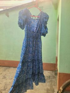 Blue Floral Smocked Midi Dress