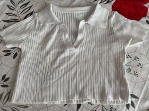 Urbanic White Ribbed Collared Crop Top