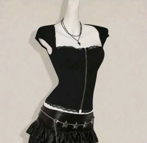 Gothic Zip-Up Lace Trim Top