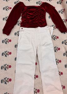 Combo (Red Off shoulder top with wide leg denims)