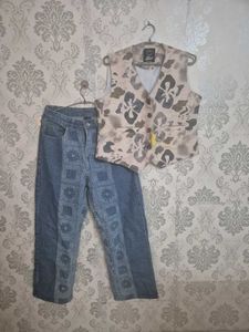 Unique Patterned Jeans &amp; Vest Set