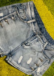Distressed Denim Shorts with Embellishments