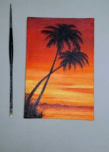 Hand–Painted Sunset Palm Tree Canvas Painting