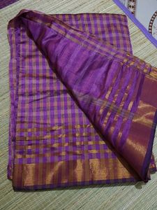 Purple &amp; Gold Checked Saree