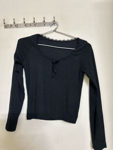 Black Long Sleeve Top with Lace Trim