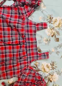 Red Plaid Cold Shoulder Top