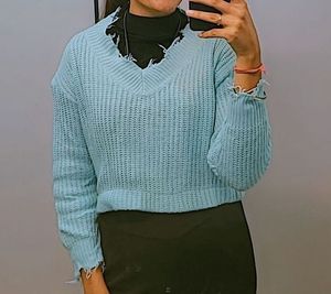 Chic Blue Distressed Knit Sweater