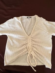 White Ruched V-Neck Top