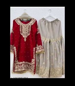 Embroidered Red Kurta Set with Grey Palazzo