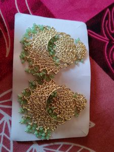 Stunning Gold-toned Earrings with Green Beads
