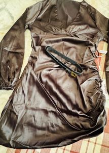 savana Satin Ruched Mini Dress with Belt