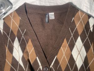 Brown Argyle Cropped Cardigan