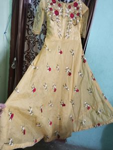 Designer Yellow Gown With Beautiful Roses Work On