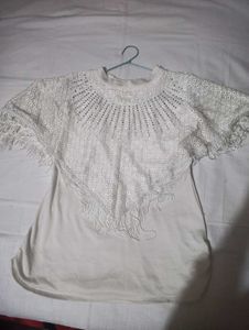 White Lace Fringe Poncho Top