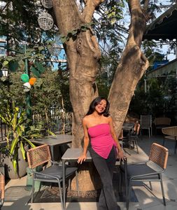 Chic Pink Strapless Ribbed Asymmetrical top small