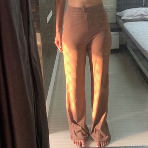 Brown Ribbed Wide-Leg Trousers