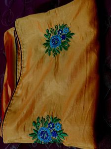 Orange Silk Saree with Blue Embroidery