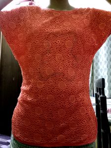Coral Crochet Top with Rhinestone Anchor