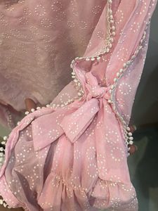 Chic Pink Peplum Blouse with Pearl like  Details